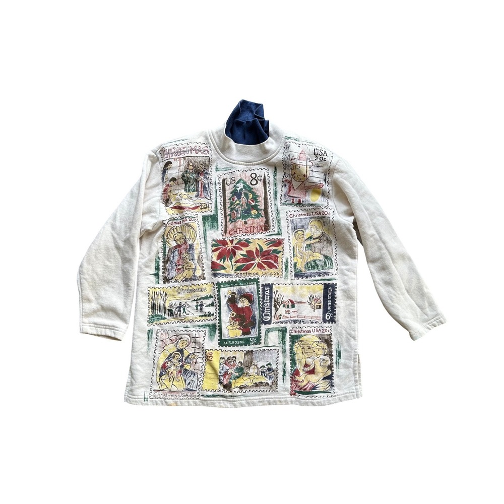 Ugly Christmas  KWBL Christmas Postage Stamp Sweatshirt Mock Neck Cream Mens L